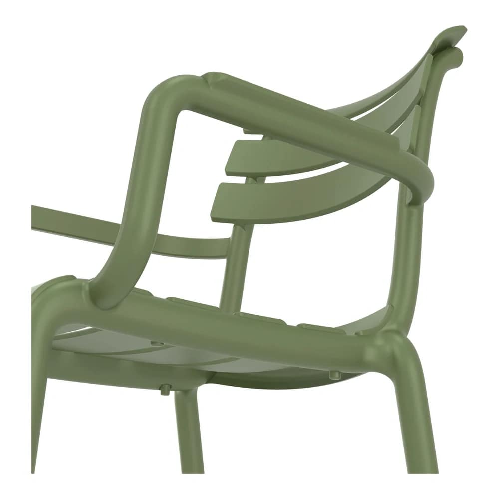 Silla Paris con brazos verde oliva detalle estructura polipropileno fibra de vidrio