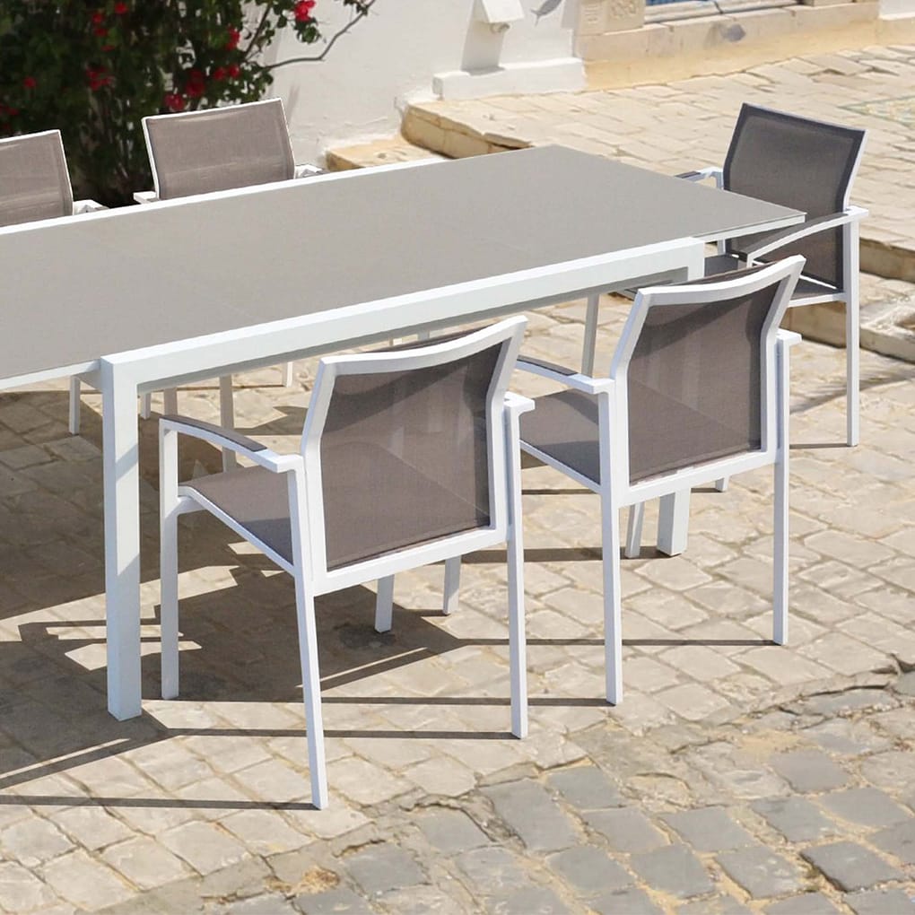 conjunto mesa extensible y 6 sillas cancun aluminio blanco topo