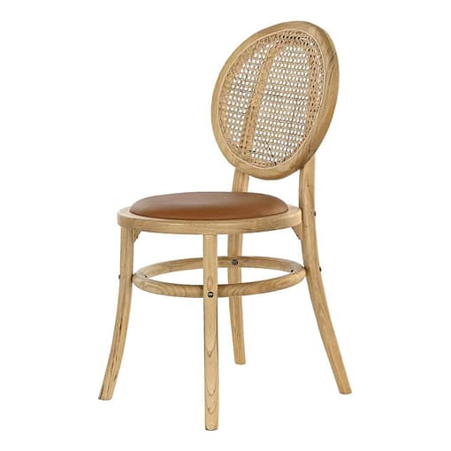 Silla vintage de madera de olmo, respaldo rattan y asiento tapizado