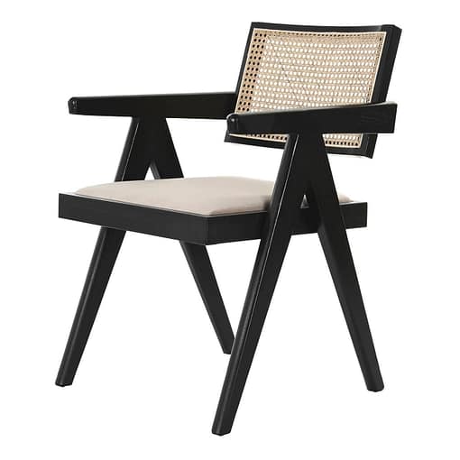 Silla vintage de madera de olmo, respaldo rattan y asiento tapizado