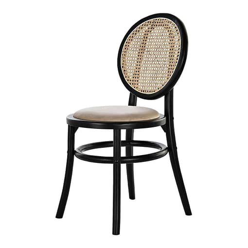Silla madera de olmo y ratan tapizada vintage