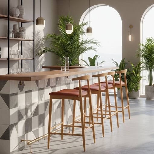 taburete alto joanne bar de madera con asiento tapizado y respaldo fino