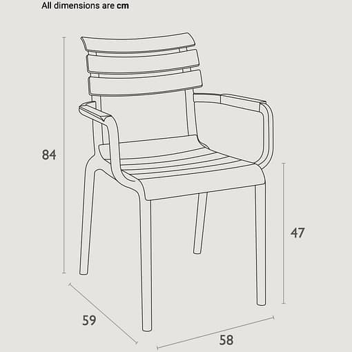 Silla Paris con brazos dimensiones y medidas técnicas 84x58x59 cm