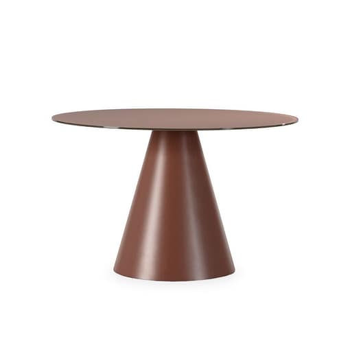 mesa-redonda-vida-comedor-tapa-cristal-pie-metal-terracota-interior