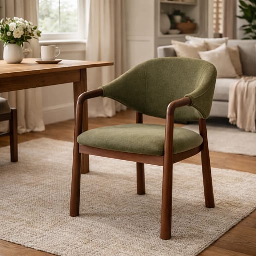 Silla con brazos tapizada verde oliva y estructura madera Klara
