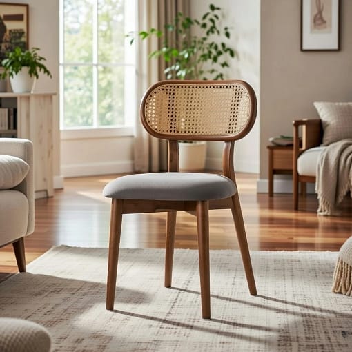 Silla madera tapizada con respaldo de rejilla Sonja