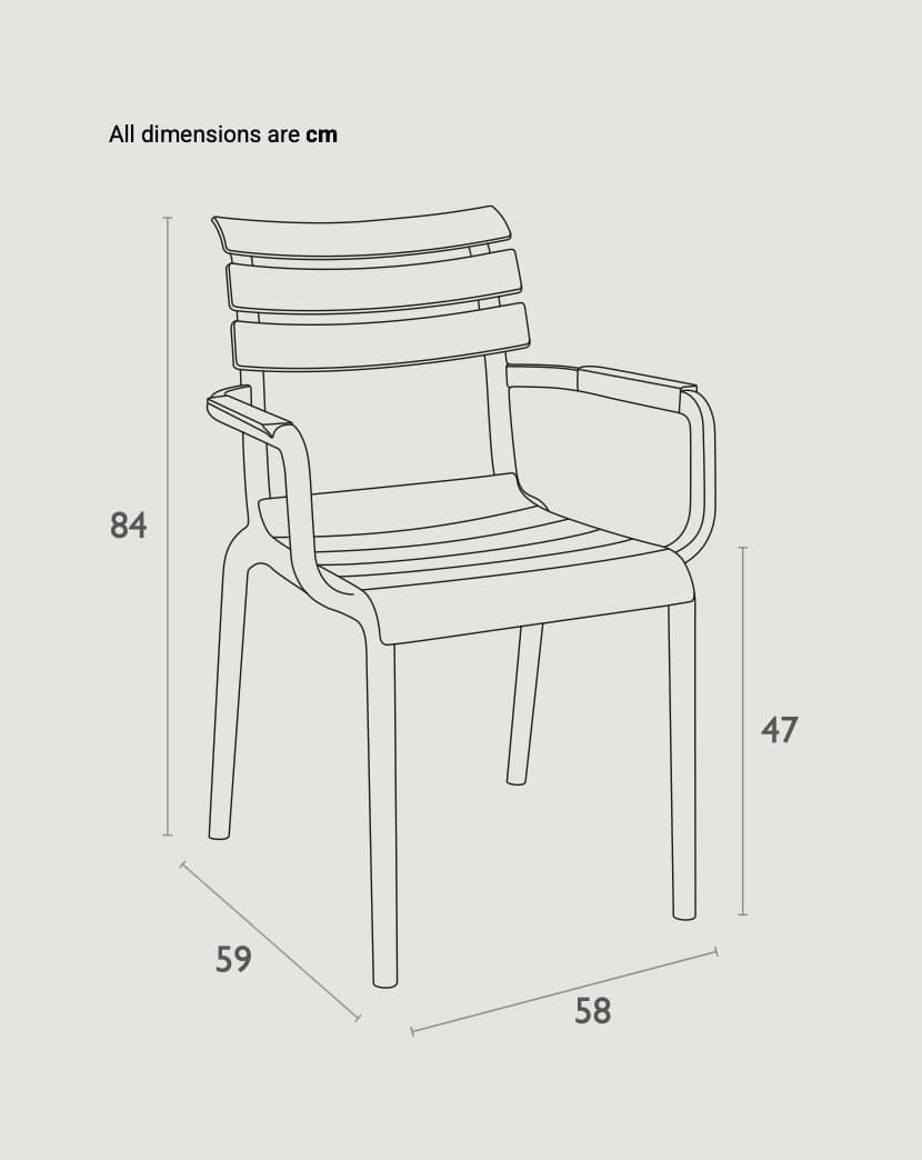 Silla Paris con brazos dimensiones y medidas técnicas 84x58x59 cm